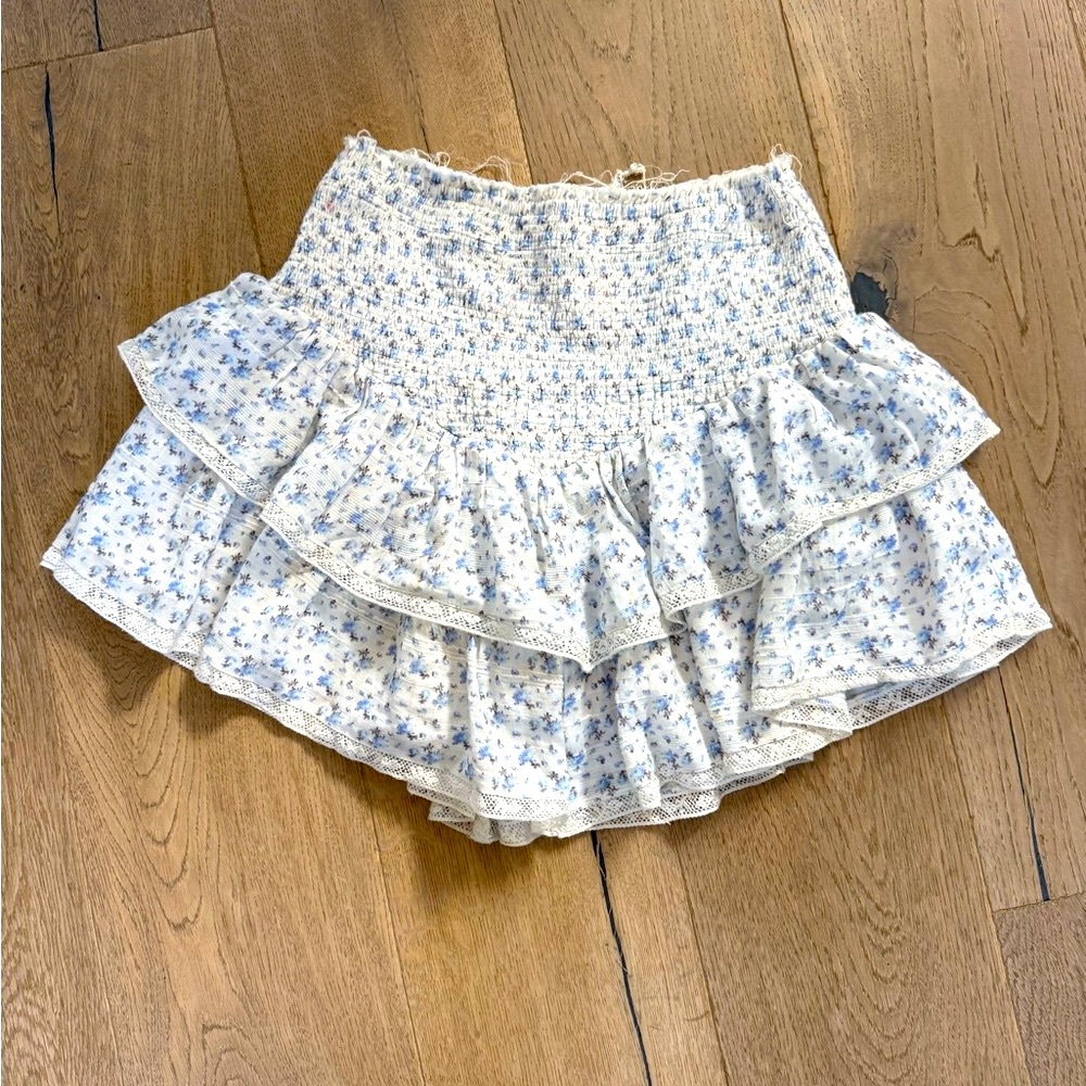 LoveShackFancy Blue Floral Ruffle Skirt